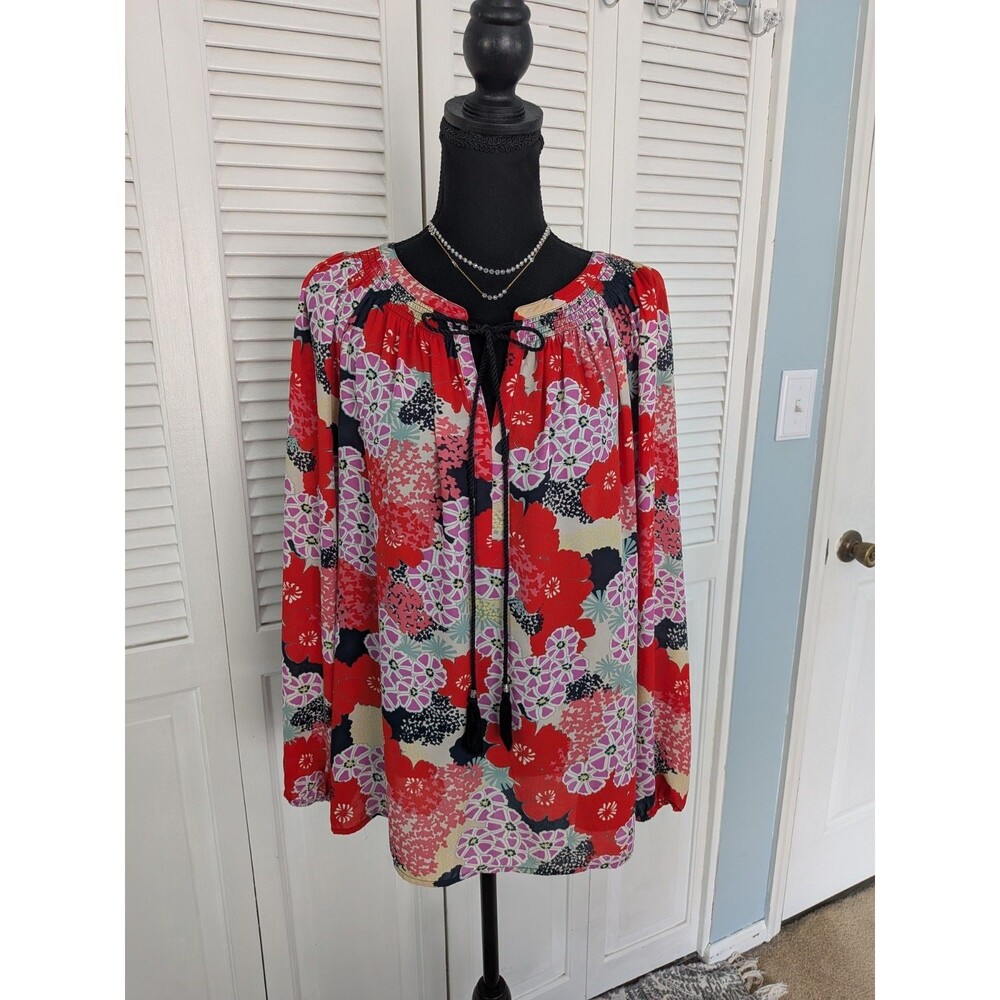 DR2 Blouse Women's L Red Purple Floral Asian Art Print Tassel Long Slv Tunic Top